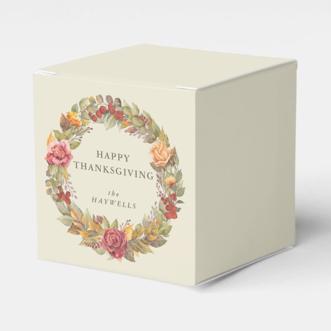 Custom Message Floral Wreath Thanksgiving Favor Boxes (Front Side)