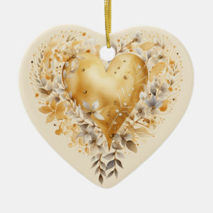 Custom Message Golden Colorful Floral Heart Gift Ceramic Ornament