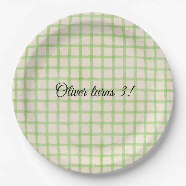 Custom message green gingham pattern  paper plates (Front)