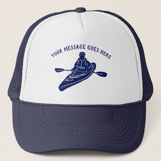 Custom Message Kayakers Navy Blue Kayak Trucker Hat (Front)