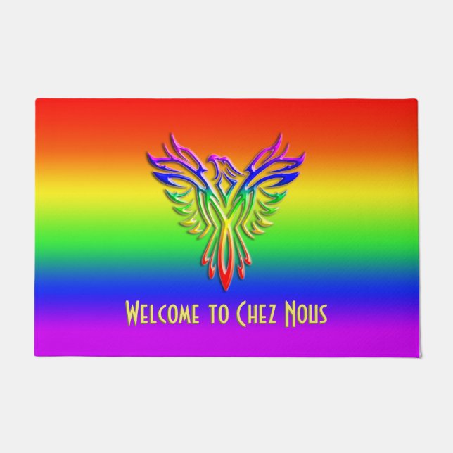 Custom message, LGBT Rainbow Pride Phoenix Rising Doormat (Front)