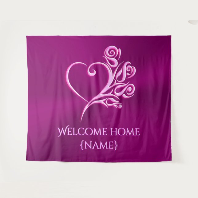 Custom message, Mauve Stylized Heart and Roses Tapestry (Front (Horizontal))