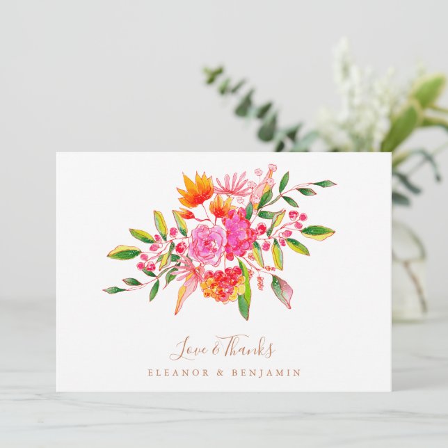 Custom Message Orange Floral Photo Wedding  Thank You Card (Standing Front)