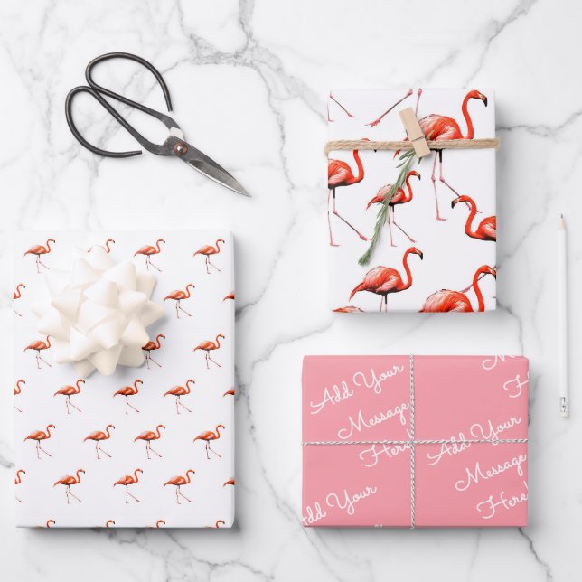 Custom Message Pattern Pink Flamingo Wrapping Paper Sheets (Front)