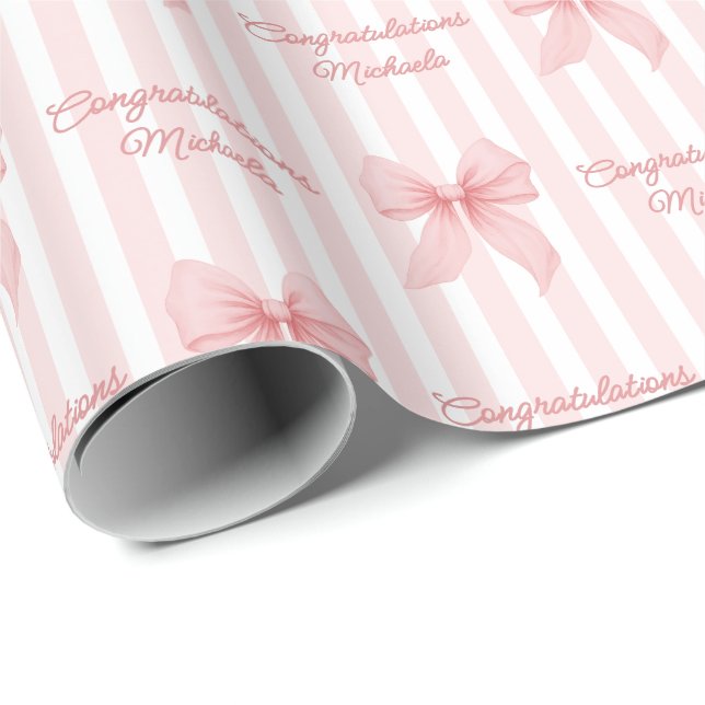 Custom Message Pink Coquette Bows Congratulations Wrapping Paper (Roll Corner)