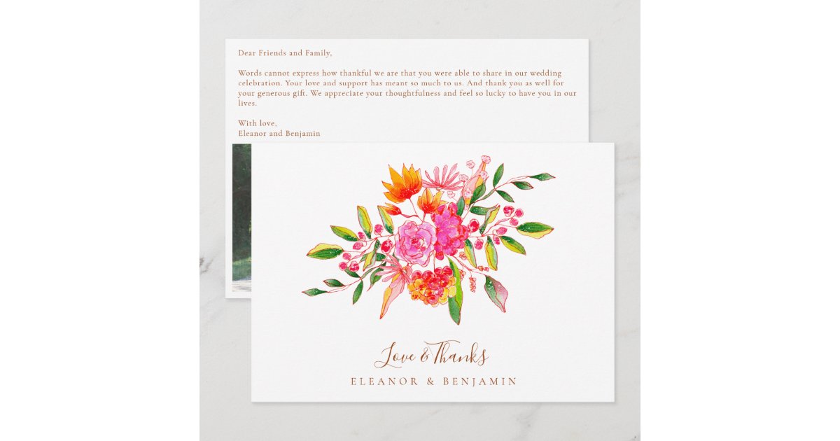 Custom Message Pink Floral Photo Wedding Thank You Card | Zazzle
