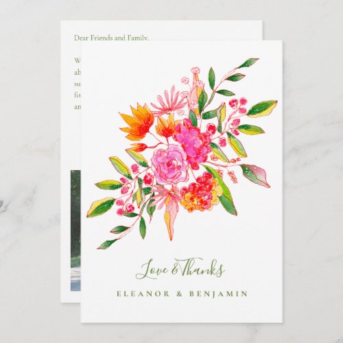Custom Message Pink Green Floral Photo Wedding Thank You Card
