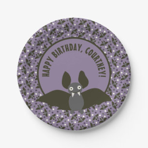 Custom Message Purple, Charcoal Gray Cartoon Bat Paper Plates