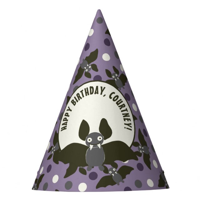 Custom Message Purple, Charcoal Gray Cartoon Bat Party Hat (Front)