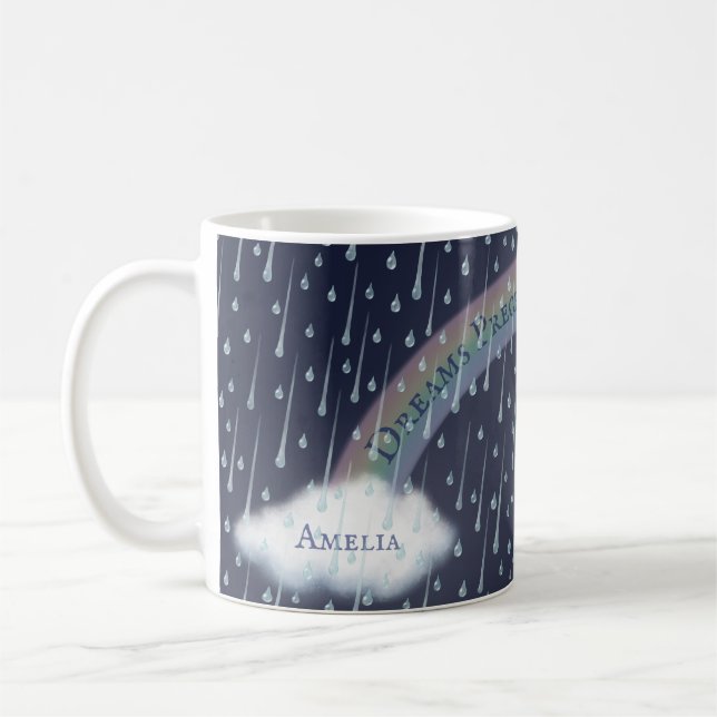Custom Message Rainbow Arch & Clouds Dark Blue Coffee Mug (Left)