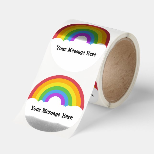 Custom Message Round Rainbow and Clouds Classic Round Sticker (Roll)