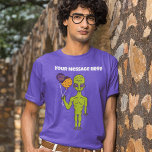 Custom Message Space Alien and Balloons Graphic T-Shirt<br><div class="desc">Add a funny slogan or a personalized message to this graphic tee that features an illustration of a space alien holding some planet-shaped balloons.</div>