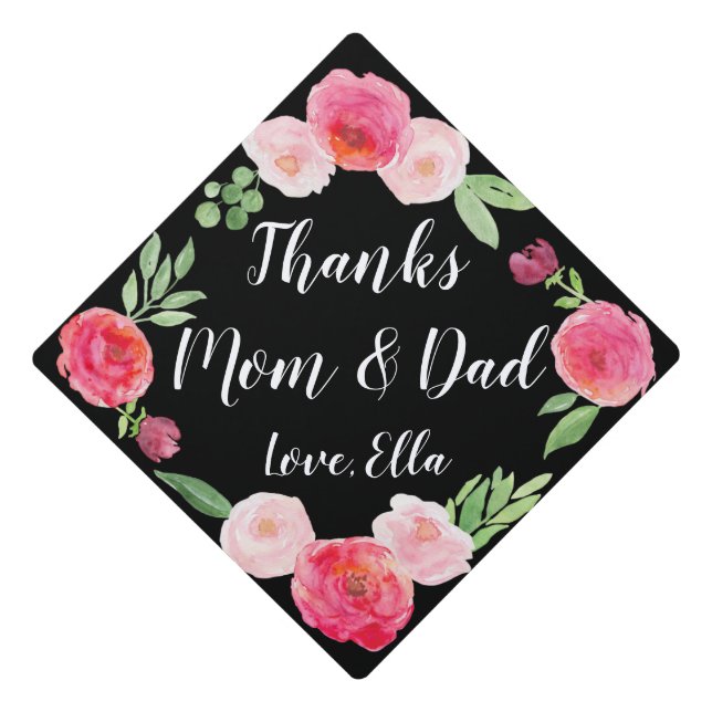 Custom Message! Watercolor Floral Graduation Cap Topper (Front)