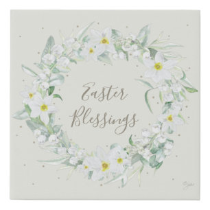 Custom Message White Floral Easter Wreath Faux Canvas Print