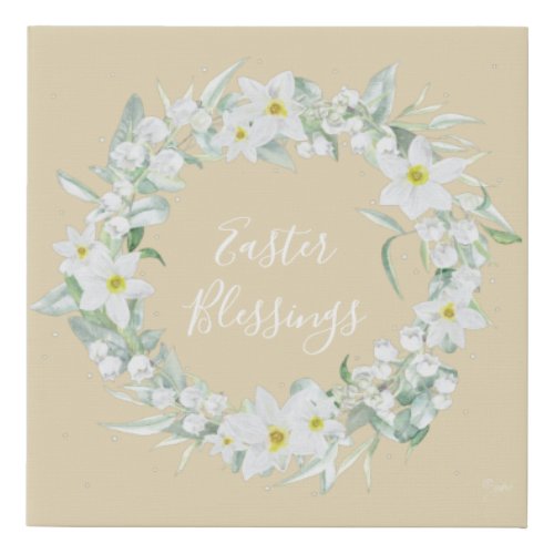 Custom Message White Floral Easter Wreath Faux Canvas Print