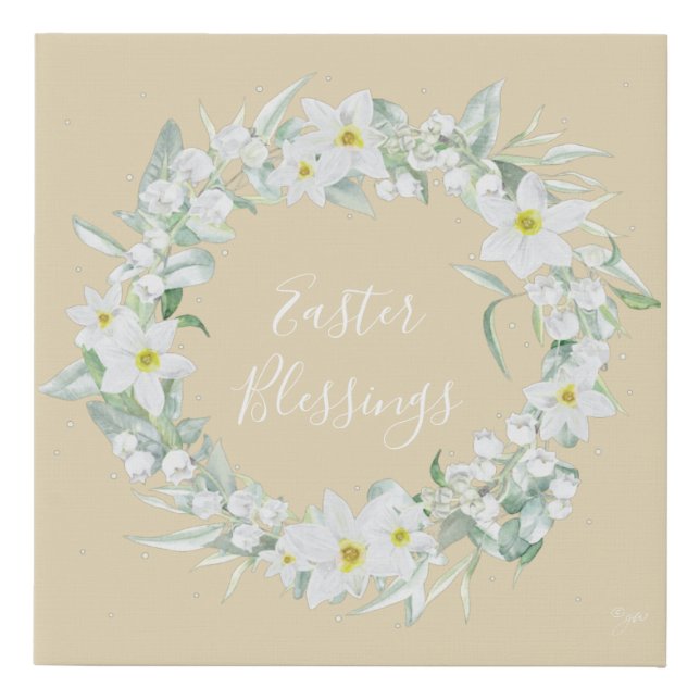Custom Message White Floral Easter Wreath Faux Canvas Print (Front)