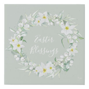 Custom Message White Floral Easter Wreath Faux Canvas Print