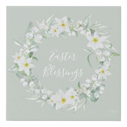 Custom Message White Floral Easter Wreath Faux Canvas Print