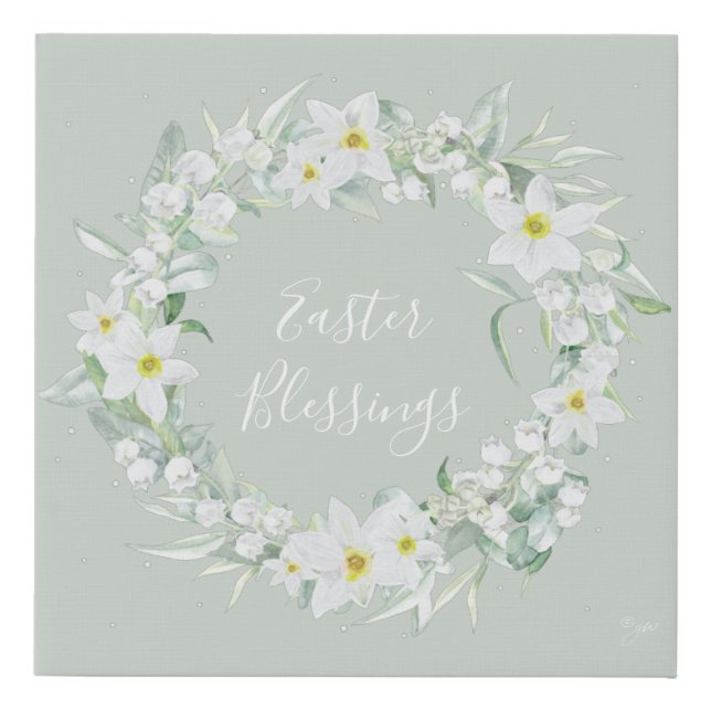Custom Message White Floral Easter Wreath Faux Canvas Print (Front)
