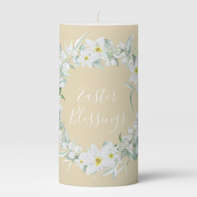 Custom Message White Floral Easter Wreath Pillar Candle (Front)