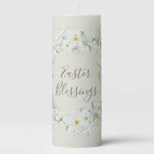 Custom Message White Floral Easter Wreath Pillar Candle