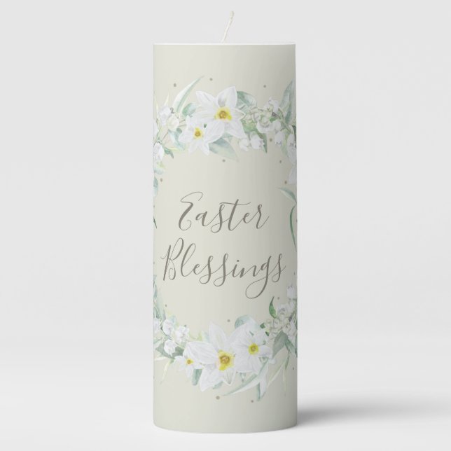 Custom Message White Floral Easter Wreath Pillar Candle (Front)