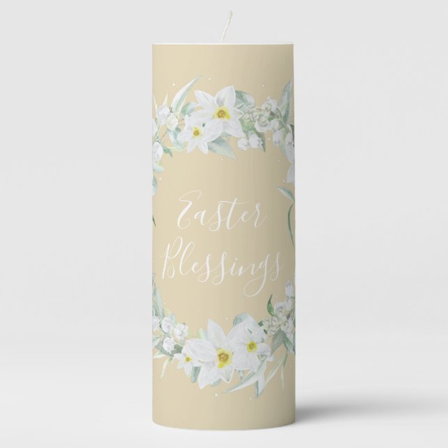 Custom Message White Floral Easter Wreath Pillar Candle (Front)