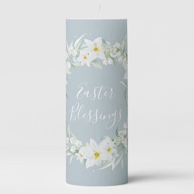 Custom Message White Floral Easter Wreath Pillar Candle (Front)