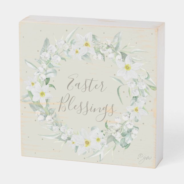 Custom Message White Floral Easter Wreath Wooden Box Sign (Angled Horizontal)
