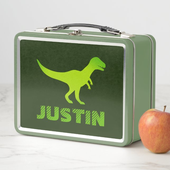 Custom metal lunch box with kid's dinosaur print (In Situ)