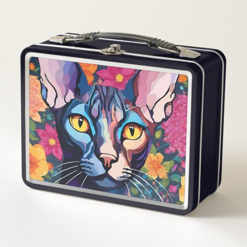 Custom Metal Lunchbox  Sphynx Cat Art Flowers