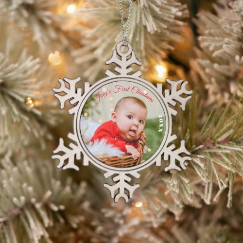 Custom Metal OrnamentPersonalized First Christmas Snowflake Pewter Christmas Ornament