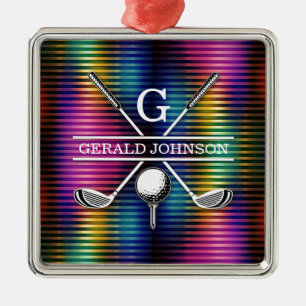 Custom Metallic Colorful Golf Monogram Design Metal Ornament