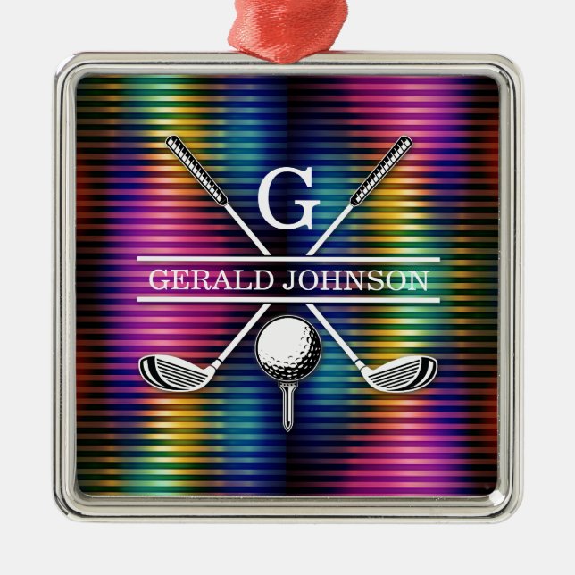 Custom Metallic Colorful Golf Monogram Design Metal Ornament (Front)