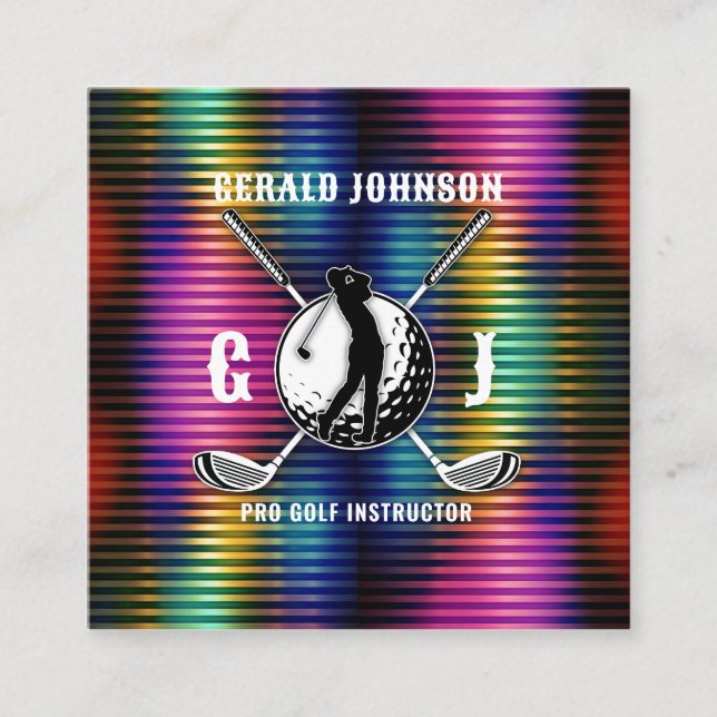 Custom Metallic Colorful Golf Monogram Design Square Business Card (Front)