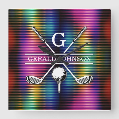 Custom Metallic Colorful Golf Monogram Design Square Wall Clock
