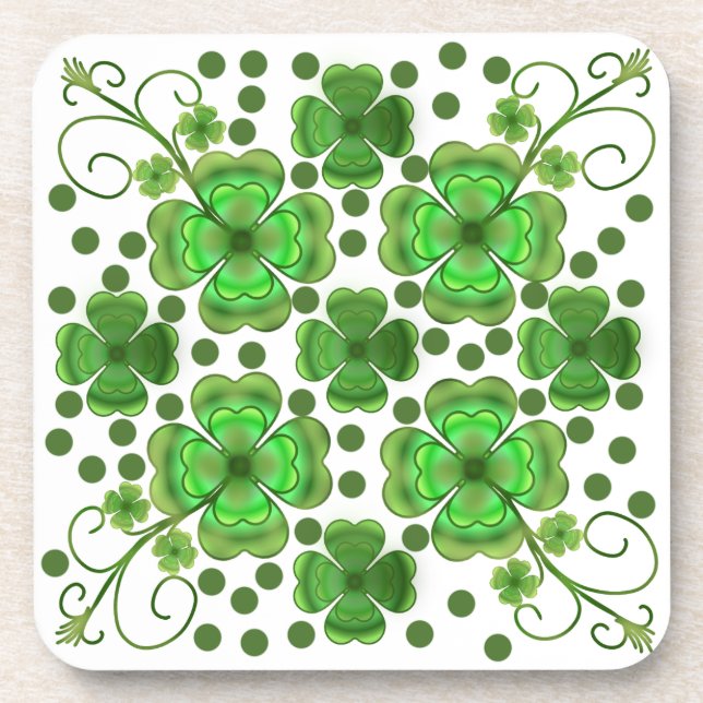 Custom Metallic Green Clover & Swirl Pattern  Beverage Coaster (Front)