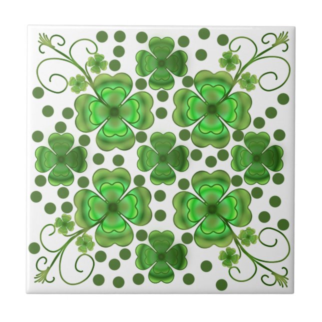 Custom Metallic Green Clover & Swirl Pattern  Ceramic Tile (Front)