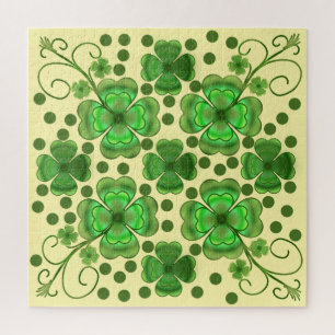 Custom Metallic Green Clover & Swirl Pattern Jigsaw Puzzle