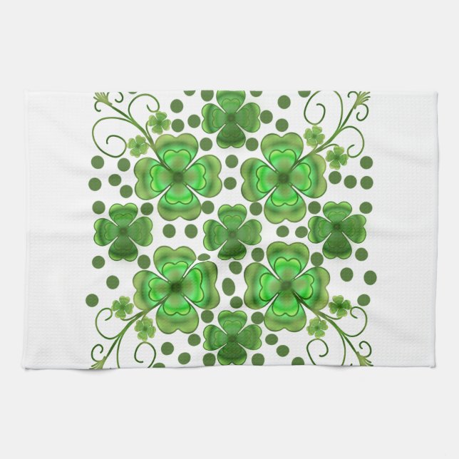 Custom Metallic Green Clover & Swirl Pattern  Kitchen Towel (Horizontal)