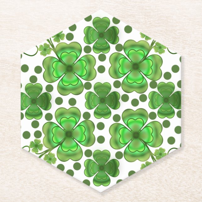 Custom Metallic Green Clover & Swirl Pattern  Paper Coaster (Front)
