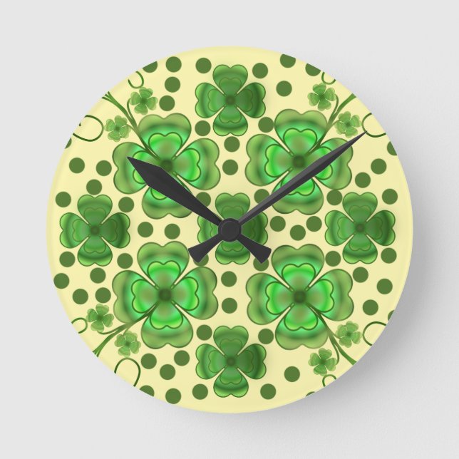 Custom Metallic Green Clover & Swirl Pattern  Round Clock (Front)