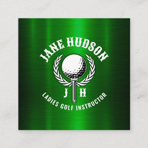Custom Metallic Green Golf Monogram Design Square Business Card