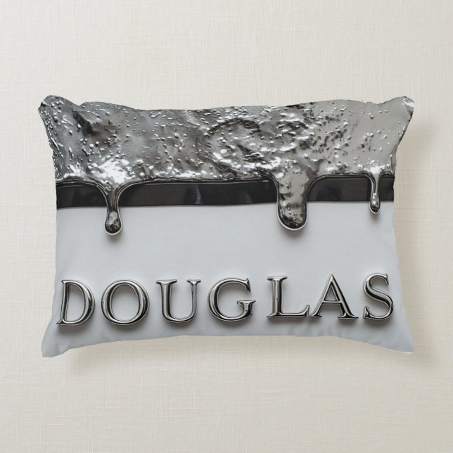 Custom Metallic Name Chrome Drip Glossy Silver Accent Pillow (Front)