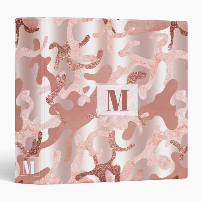 Custom Metallic Rose Gold Glitter Pink Marble Camo 3 Ring Binder (Front/Spine)