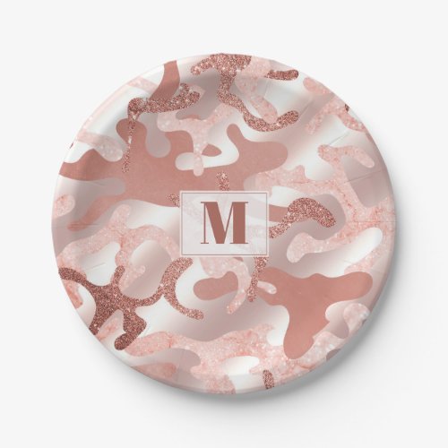 Custom Metallic Rose Gold Glitter Pink Marble Camo Paper Plates
