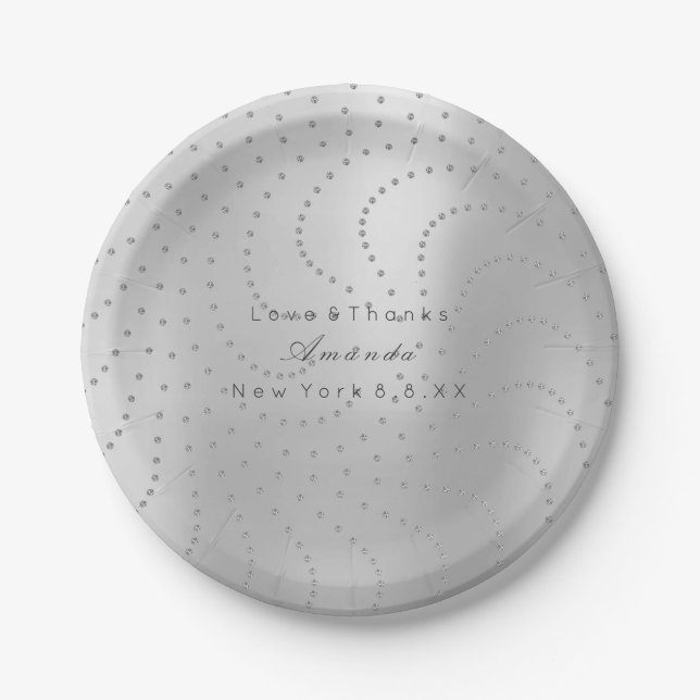 Custom Metallic Swarovski Crystal Gray Silver Dots Paper Plates (Front)