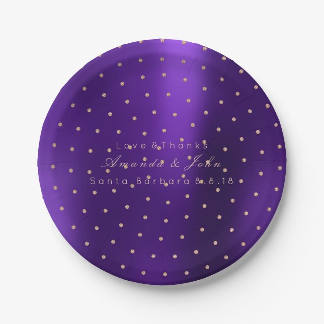 Custom Metallic Swarovski Crystal Purple Plum Dots Paper Plates (Front)