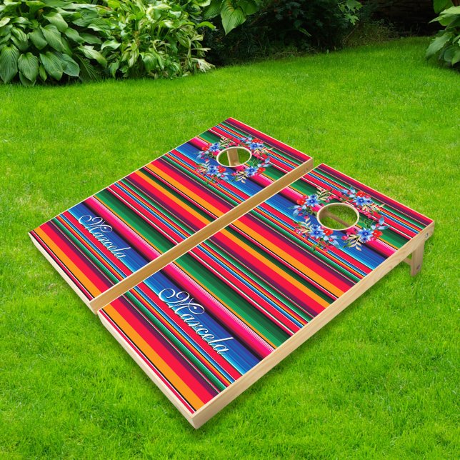 Custom Mexican Serape Floral Script Cornhole Set (Creator Uploaded)