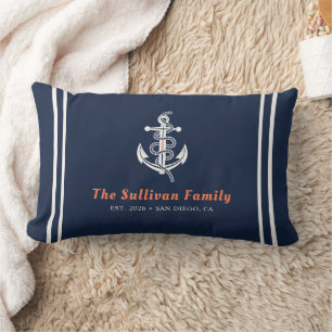 Custom Miami Coral Orange Blue Nautical Anchor Lumbar Pillow